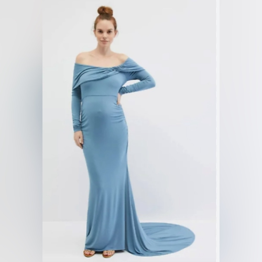 NWT Motherhood Maternity Off-Shoulder Dress Blue large and medium gender reveal